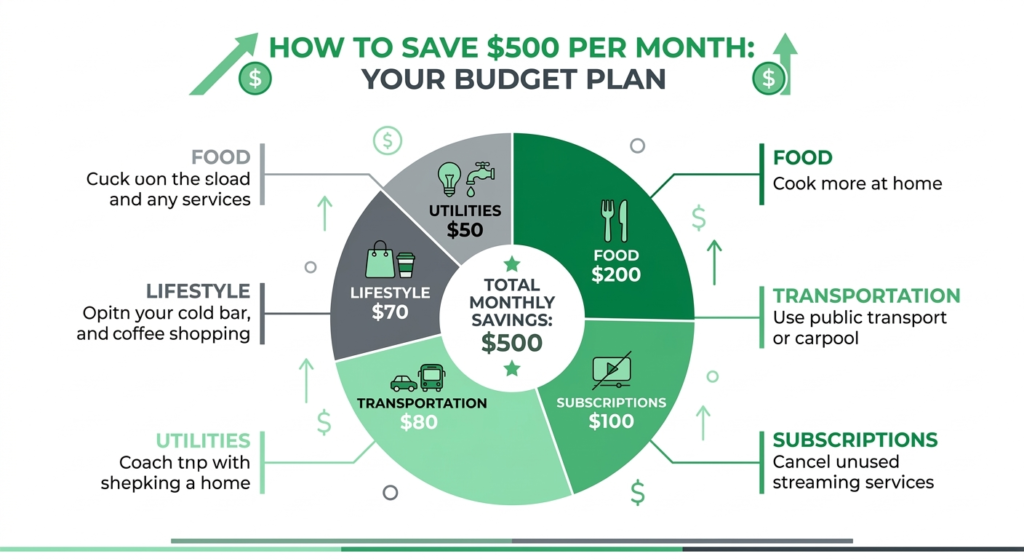 monthly expense reduction chart showing $500 savings plan