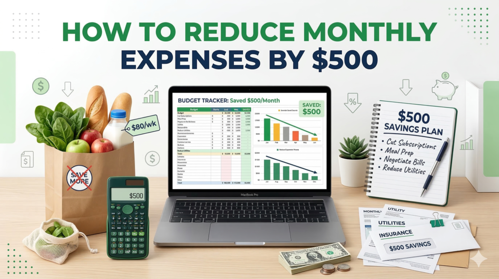 Current image: monthly expense reduction chart showing $500 savings plan