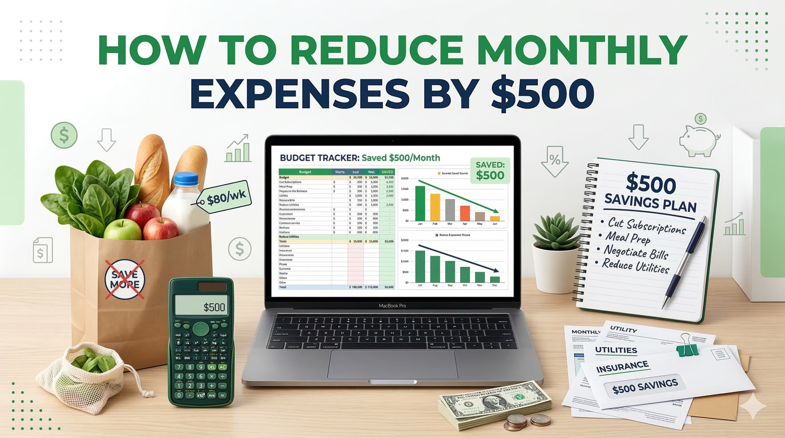 monthly expense reduction chart showing $500 savings plan